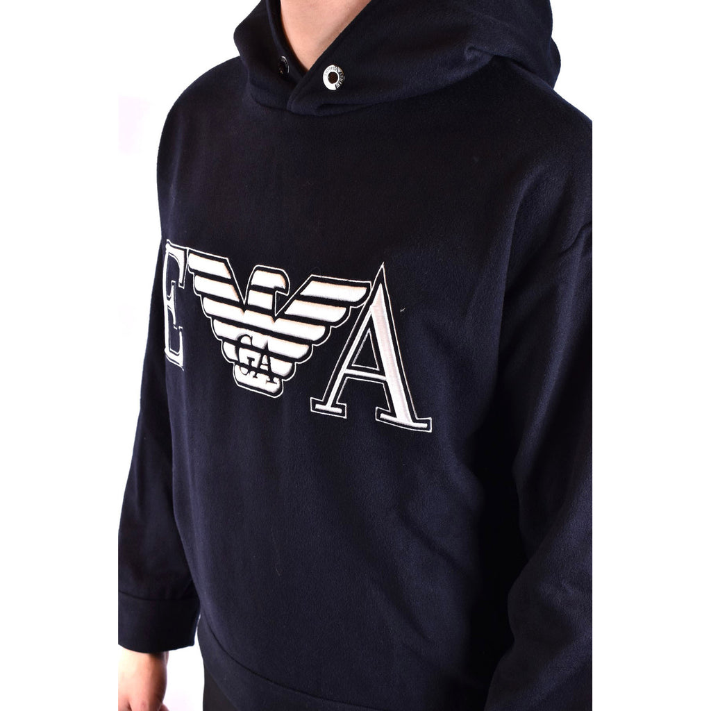 Emporio Armani Felpa Uomo Blu Con Cappuccio Stampa Misto Cashmere Lana