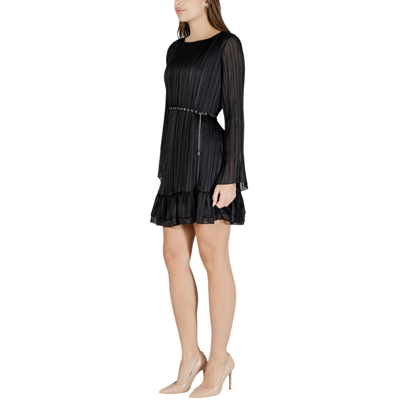 Guess Abito Donna Ilenia Plissettato Nero Maniche Lunghe Scollo Tondo