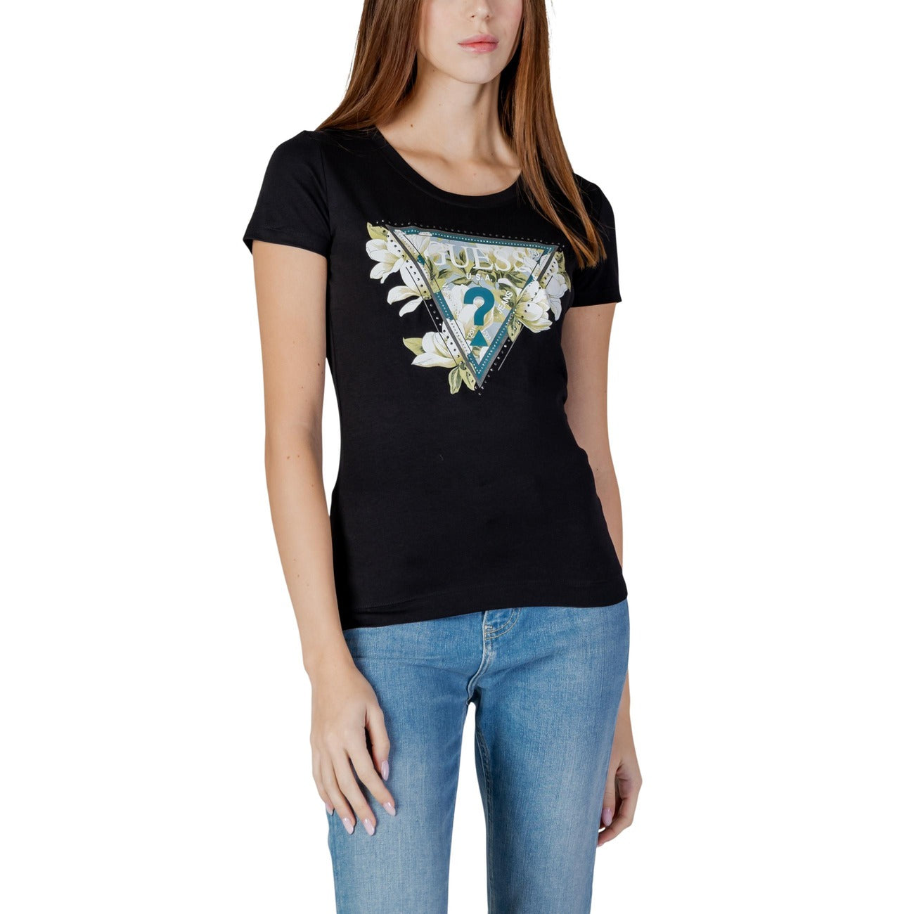 Guess T Shirt Donna Beige Stampa Triangle Strass Cotone 95 Primavera Estate