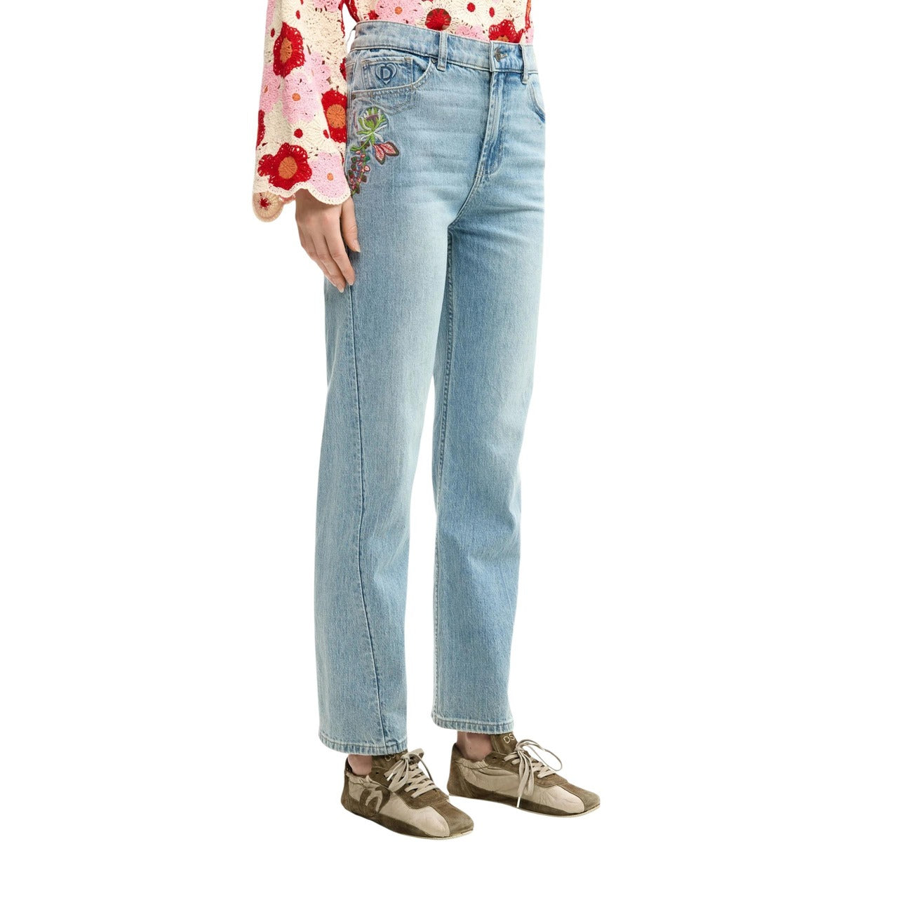 Jeans Donna Desigual Azzurro Fantasia Floreale Vita Media Zip
