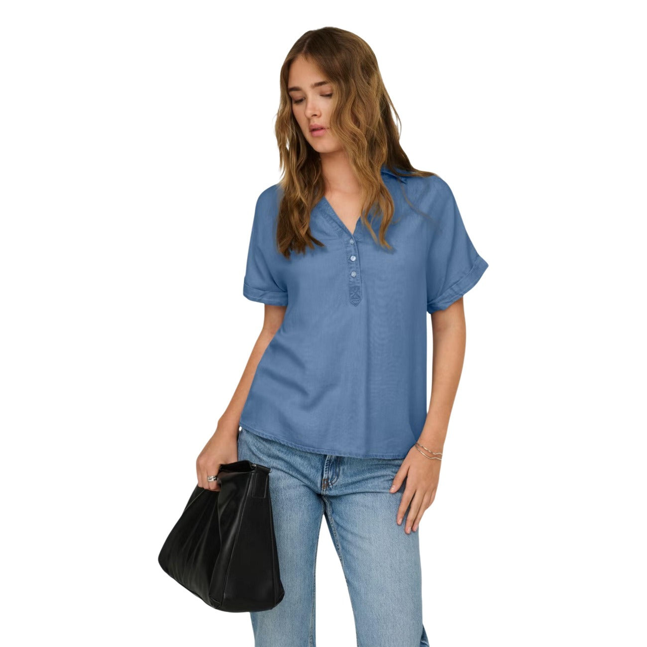 Only Blusa Donna Blu Maniche Corte In Lyocell 100 Percento Primavera Estate