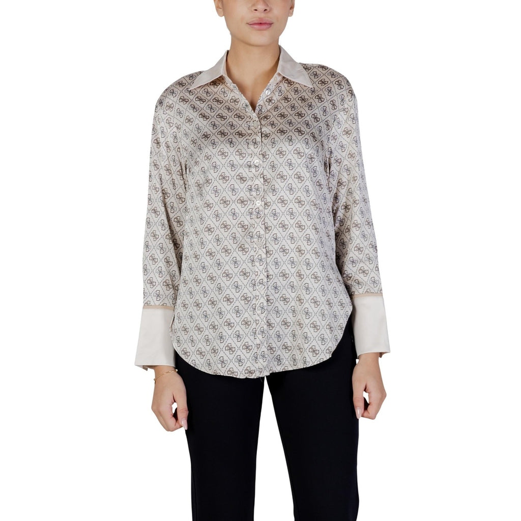 Guess Camicia Donna Beige Stampa Maniche Lunghe Colletto Primavera Estate