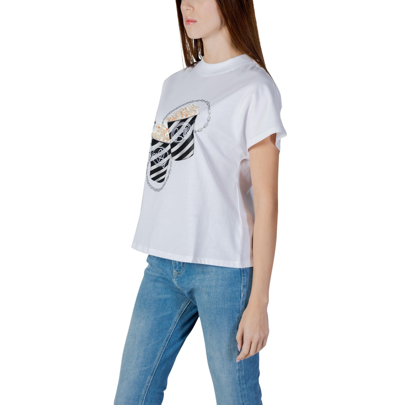 Guess T Shirt Donna Bianco Stampa Con Strass Cotone 100