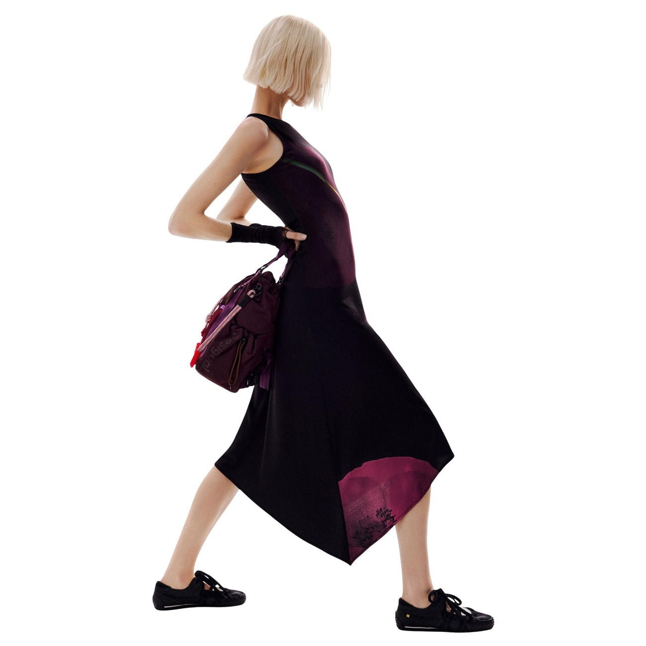 Desigual Abito Donna Nero Fantasia Floreale Smanicato Scollo Tondo Estate