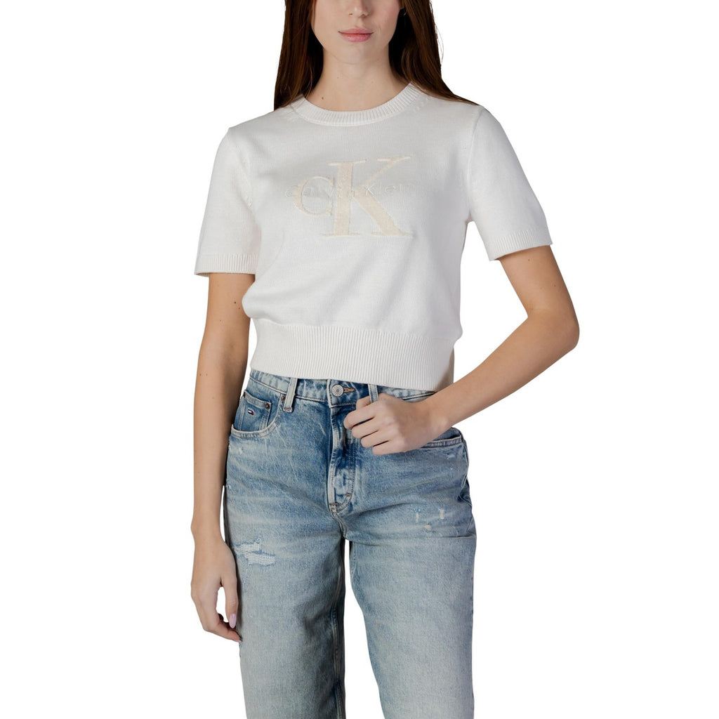 Calvin Klein Jeans Maglia Donna Cotone 100 Beige Maniche Corte Scollo Tondo