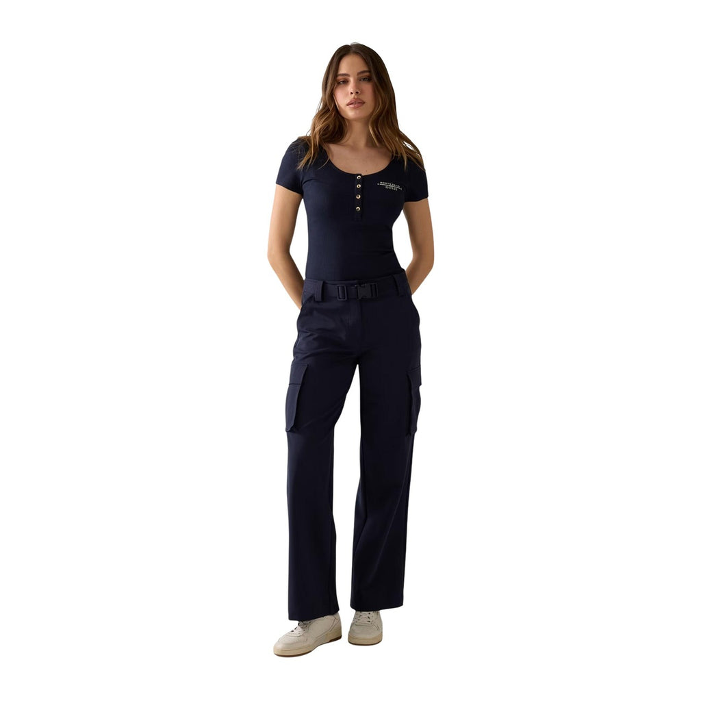 Guess T Shirt Donna Blu Maniche Corte Scollo Tondo Con Bottoni