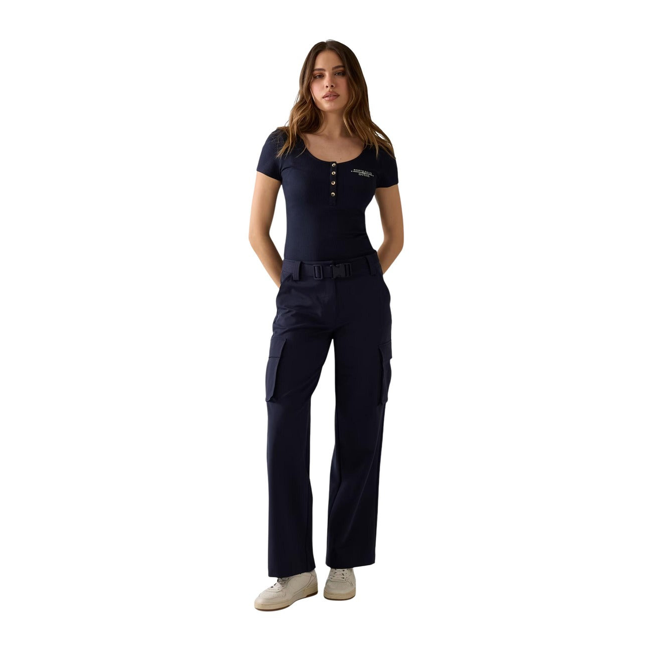 Guess T Shirt Donna Blu Maniche Corte Scollo Tondo Con Bottoni