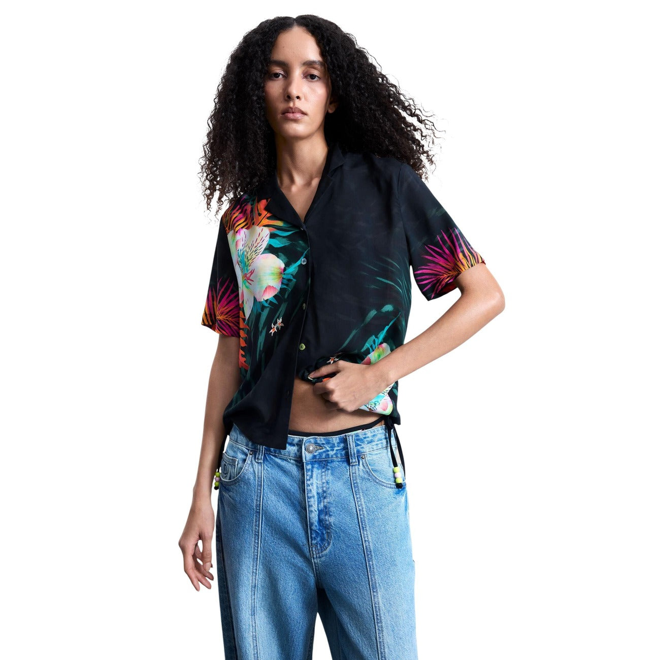 Desigual Camicia Donna Viscosa Nero Floreale Maniche Corte Scollo A V