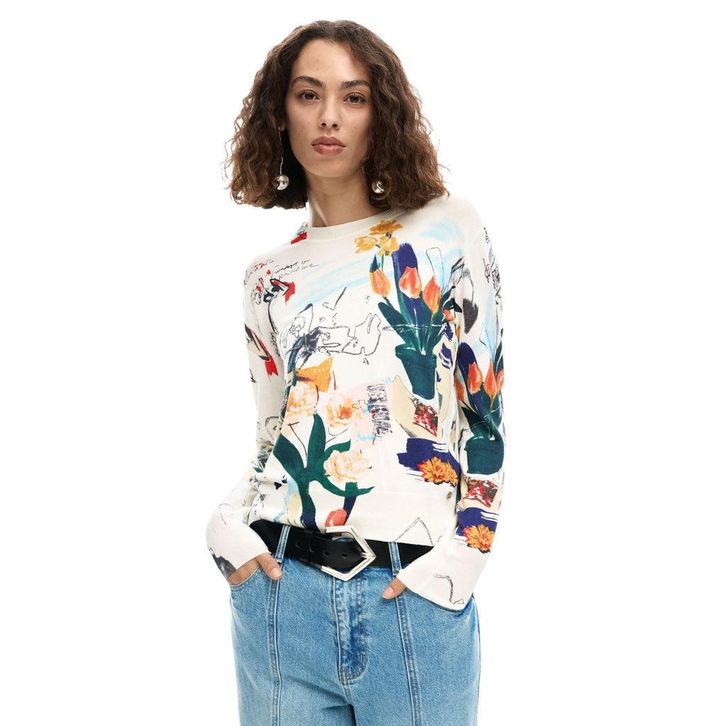Desigual Maglia Donna Beige Stampa Maniche Lunghe Scollo Tondo Primavera Estate
