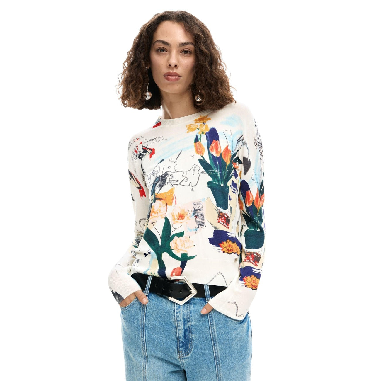 Desigual Maglia Donna Beige Stampa Maniche Lunghe Scollo Tondo Primavera Estate