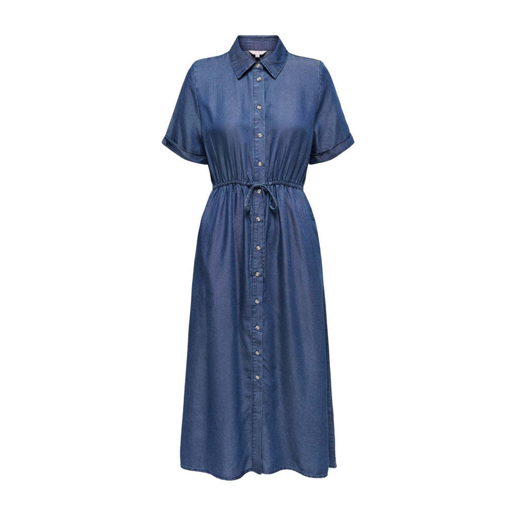 Only Abito Midi Blu Donna Con Cintura Bottoni Maniche Corte