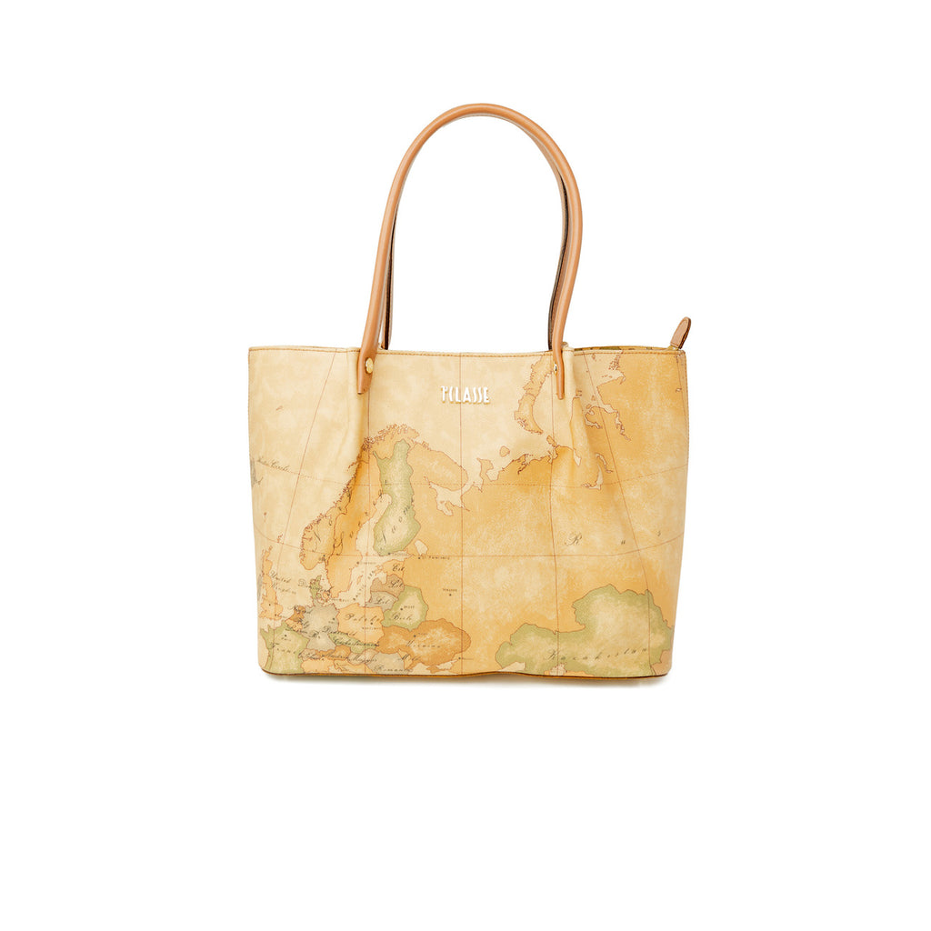 Alviero Martini Prima Classe Borsa Donna Beige Stampa Con Chiusura Zip Rivestimento Pelle 45x40x5 cm