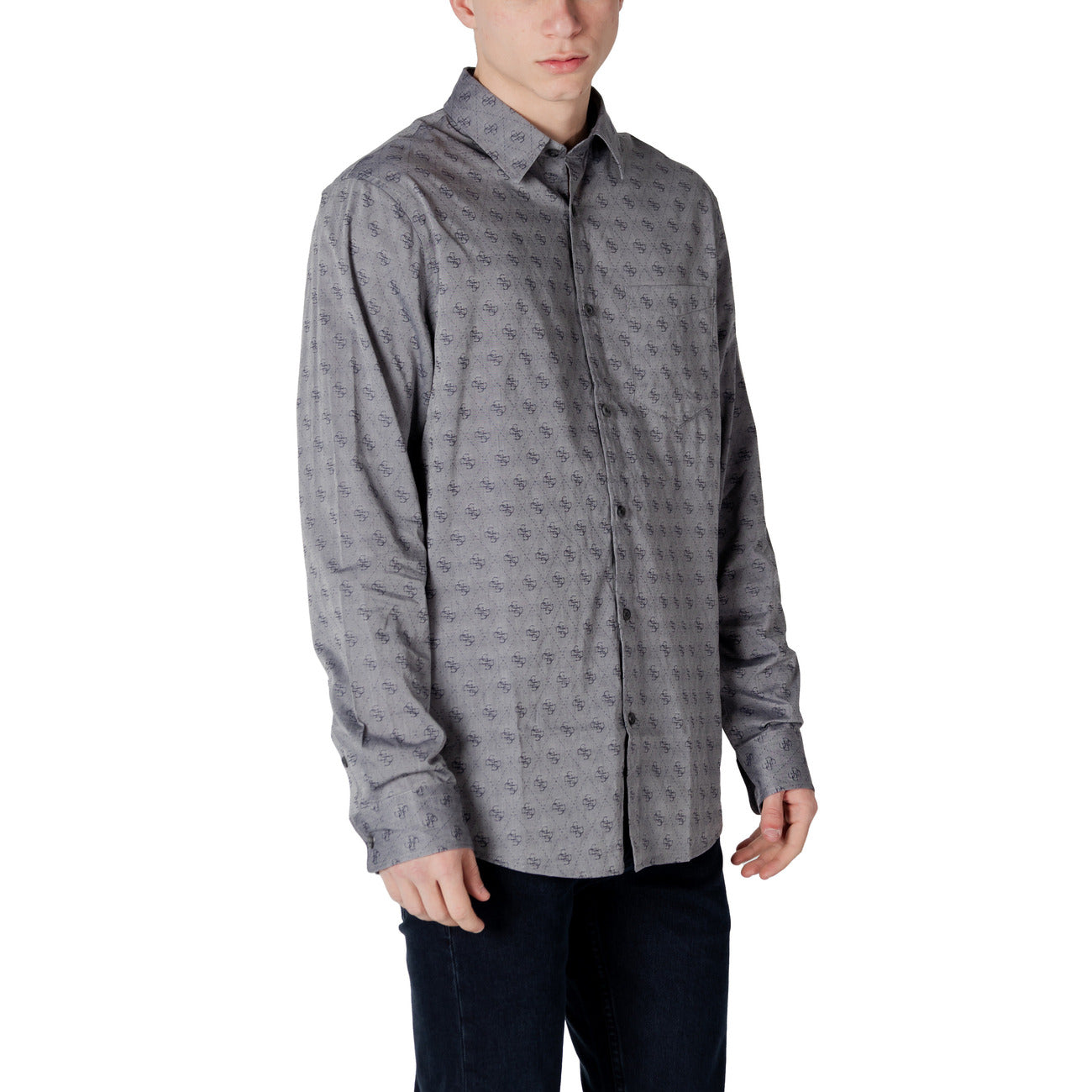 Guess Camicia Uomo Grigia Stampa Maniche Lunghe Colletto Classico