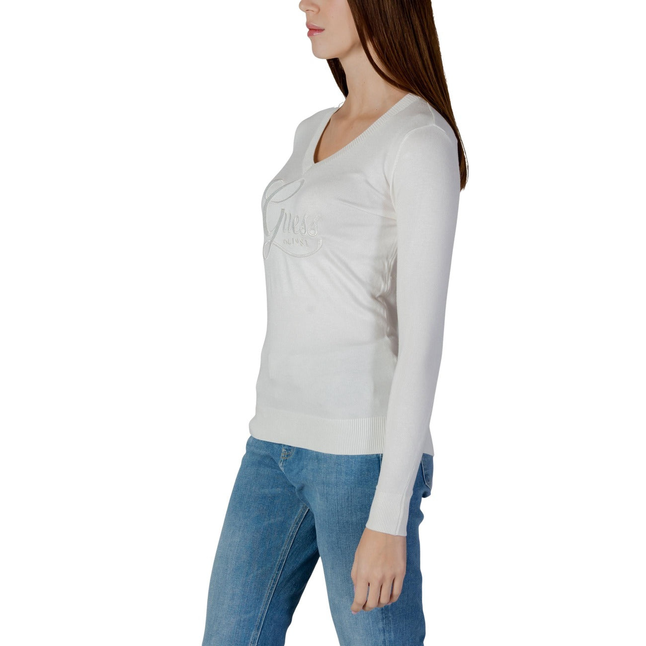 Guess Maglia Donna Beige Maniche Lunghe Scollo A V Con Strass