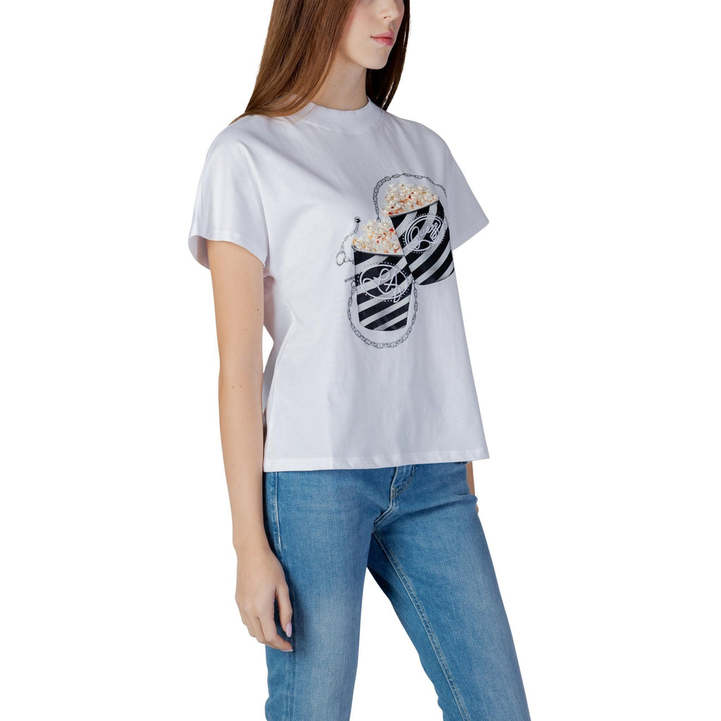 Guess T Shirt Donna Bianco Stampa Con Strass Cotone 100