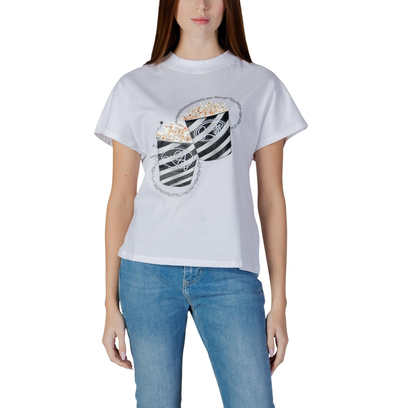 Guess T Shirt Donna Bianco Stampa Con Strass Cotone 100