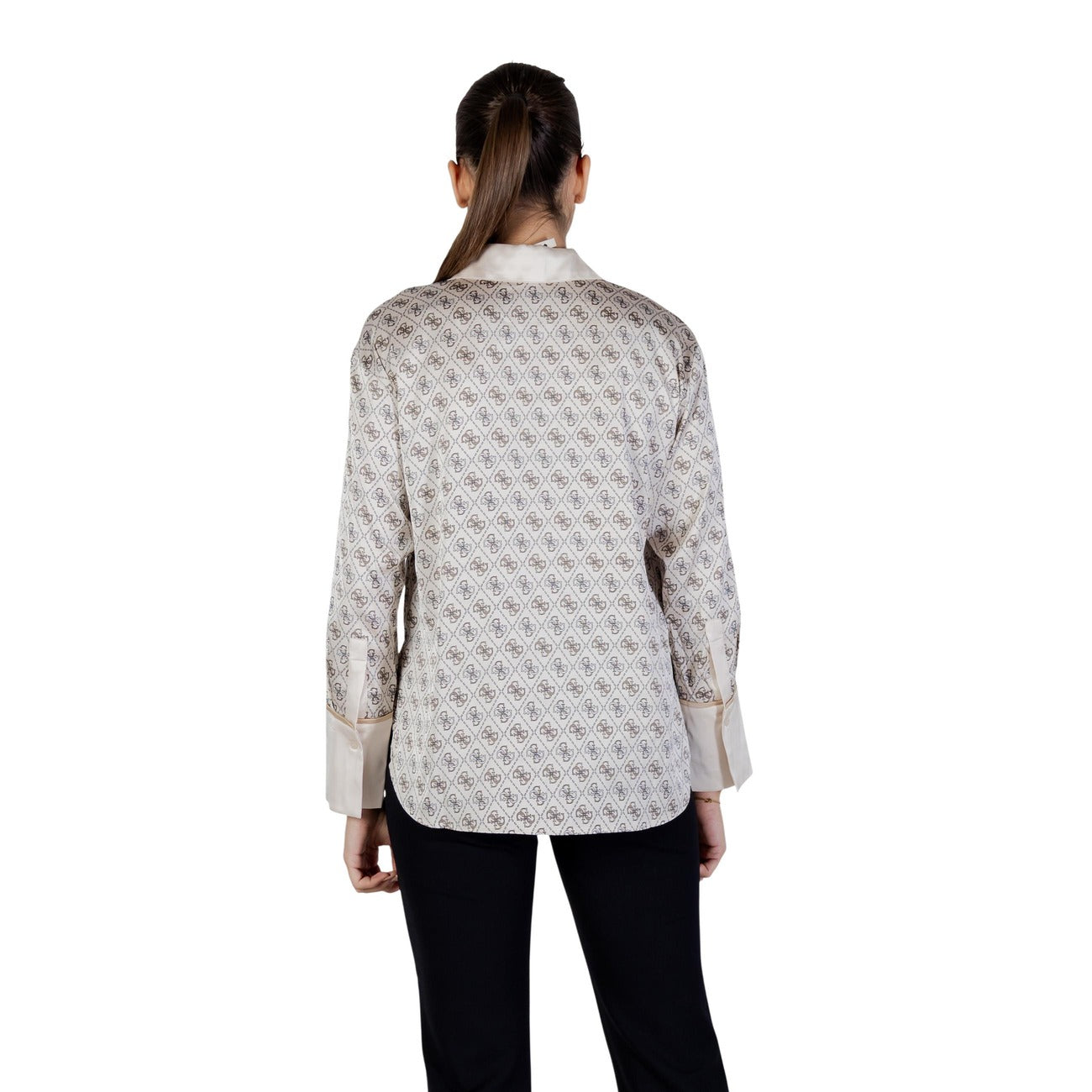 Guess Camicia Donna Beige Stampa Maniche Lunghe Colletto Primavera Estate