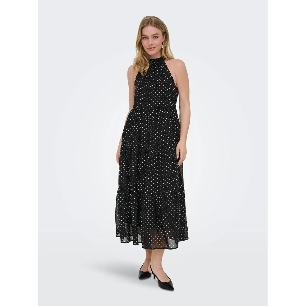 Only Vestito Donna Smanicato Pois Nero Scollo Tondo Con Cerniera