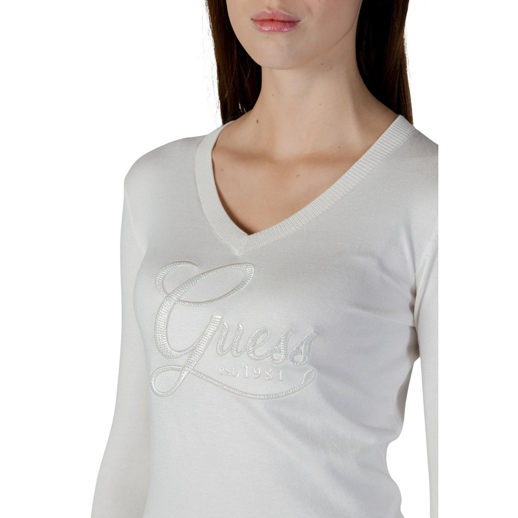 Guess Maglia Donna Beige Maniche Lunghe Scollo A V Con Strass
