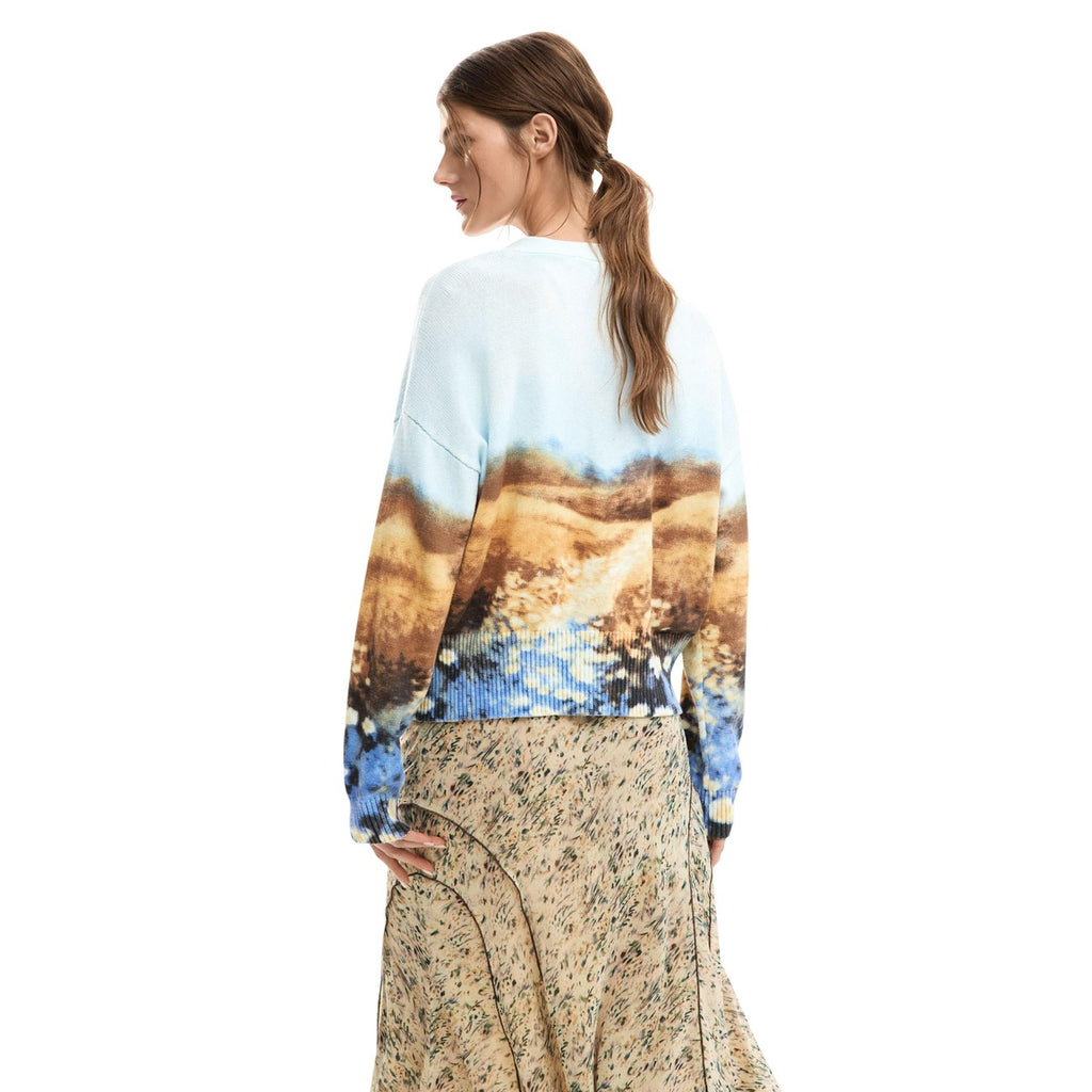 Desigual Cardigan Donna Azzurro Cotone Stampa Bottoni Primavera