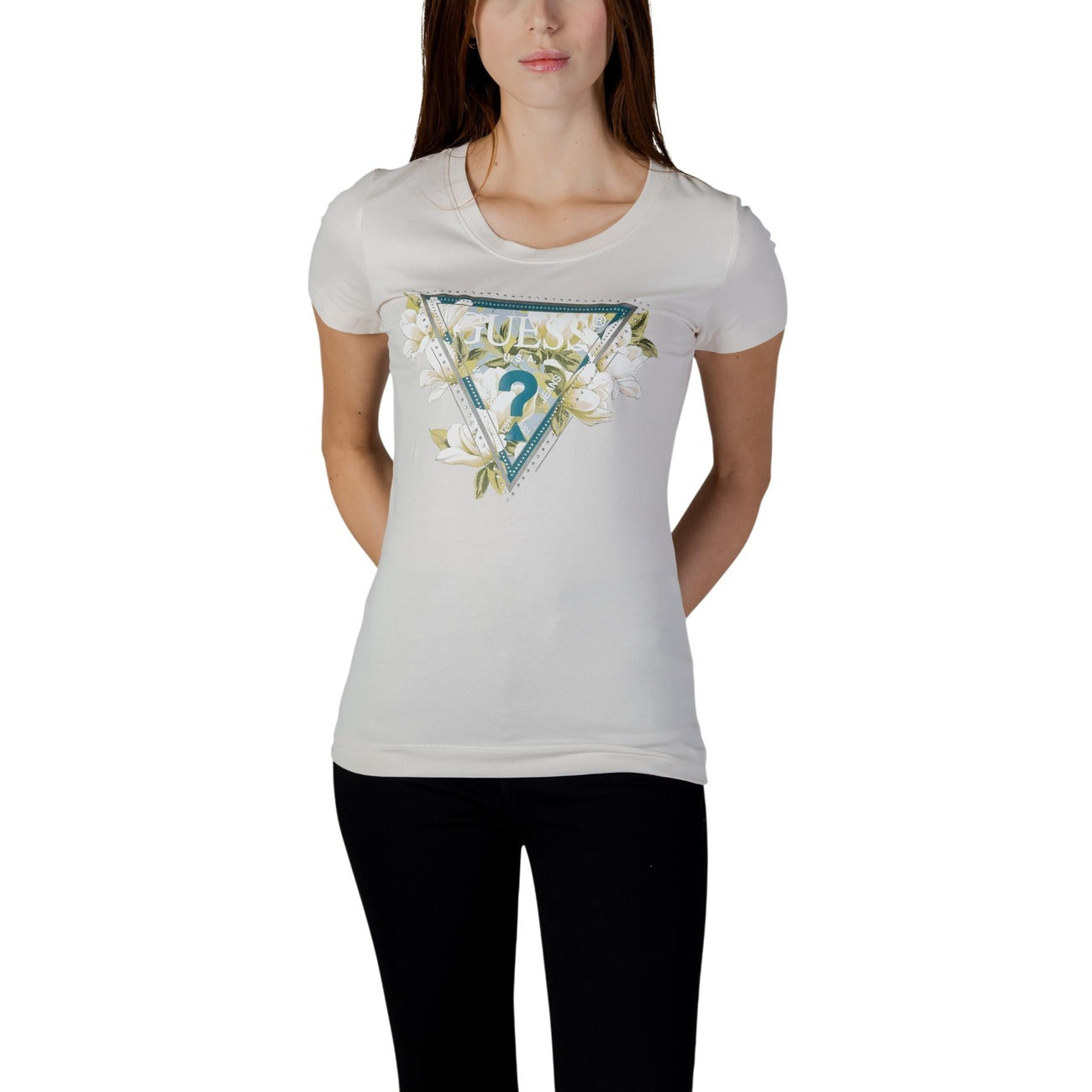 Guess T Shirt Donna Beige Stampa Triangle Strass Cotone 95 Primavera Estate