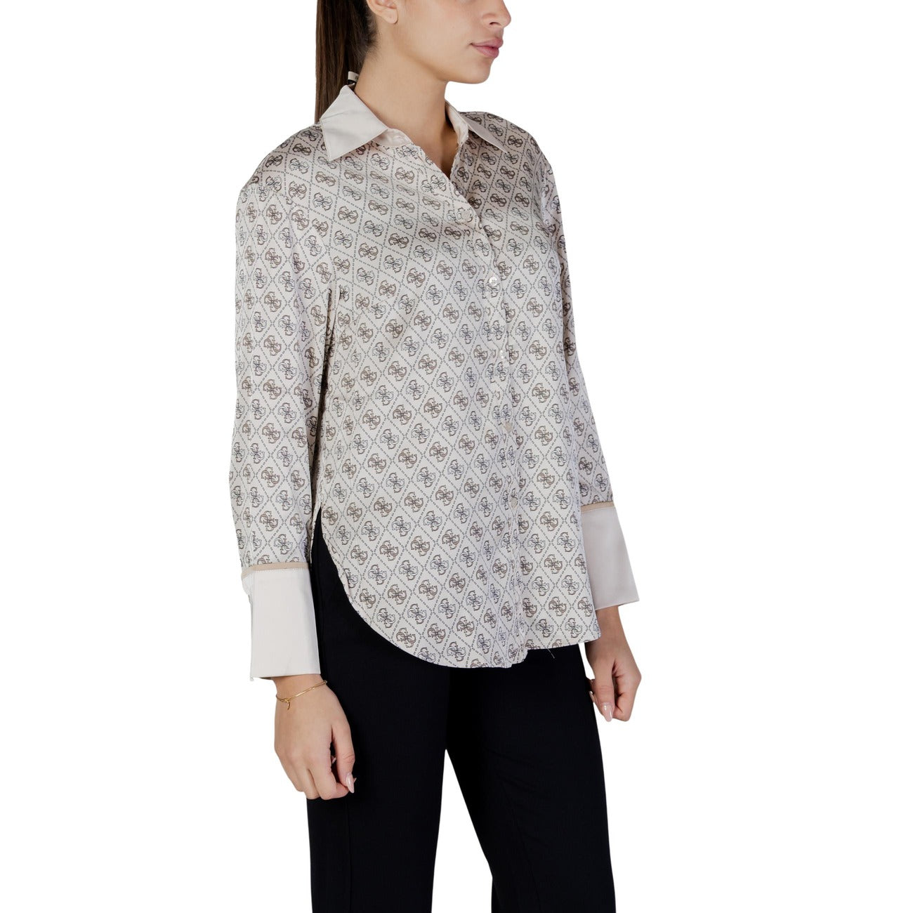 Guess Camicia Donna Beige Stampa Maniche Lunghe Colletto Primavera Estate