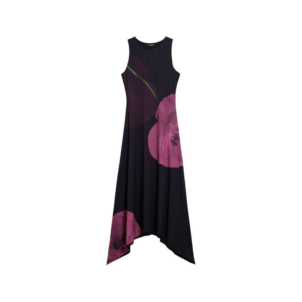Desigual Abito Donna Nero Fantasia Floreale Smanicato Scollo Tondo Estate