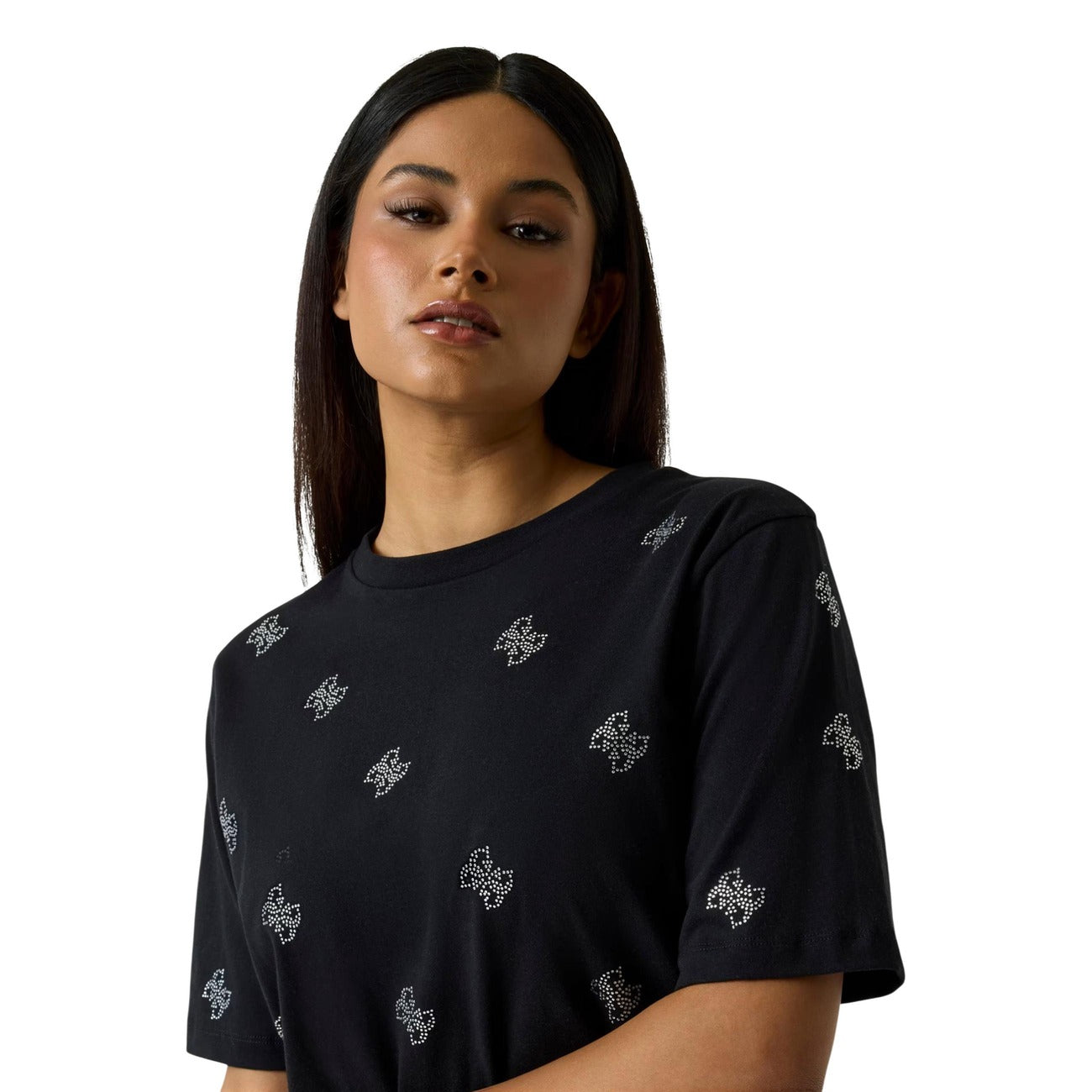 Guess T Shirt Donna Nero Cotone Manica Corta Scollo Tondo Con Strass