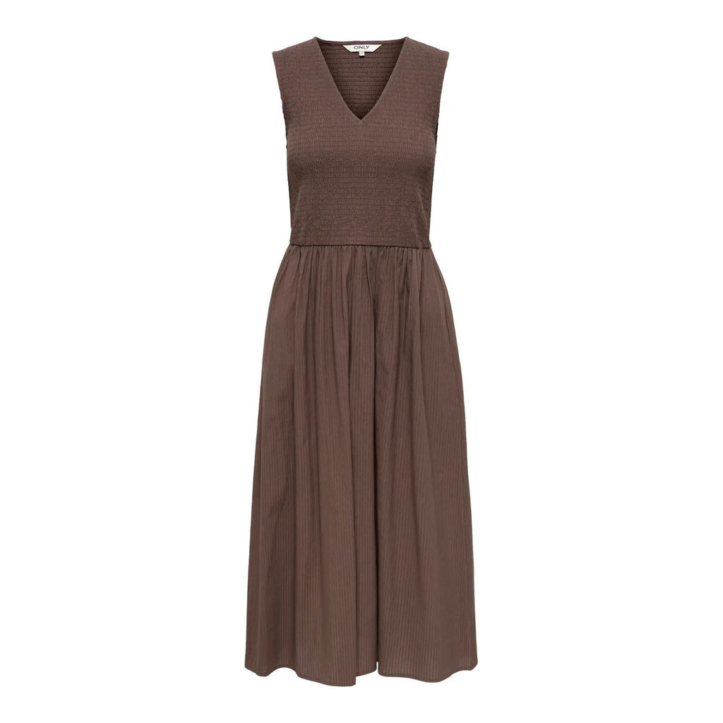 Only Abito Donna Cotone Smanicato Scollo A V Marrone Primavera Estate