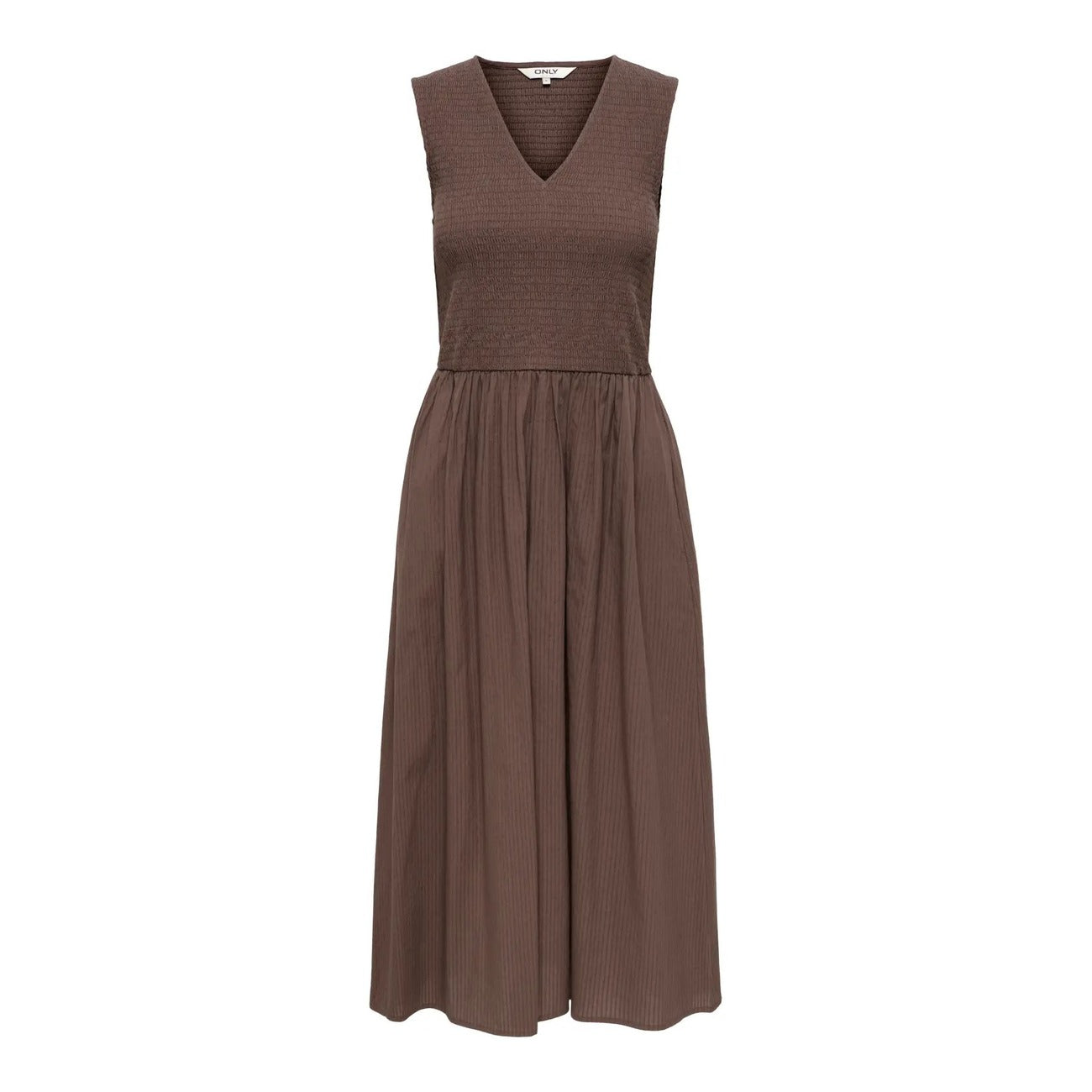 Only Abito Donna Cotone Smanicato Scollo A V Marrone Primavera Estate