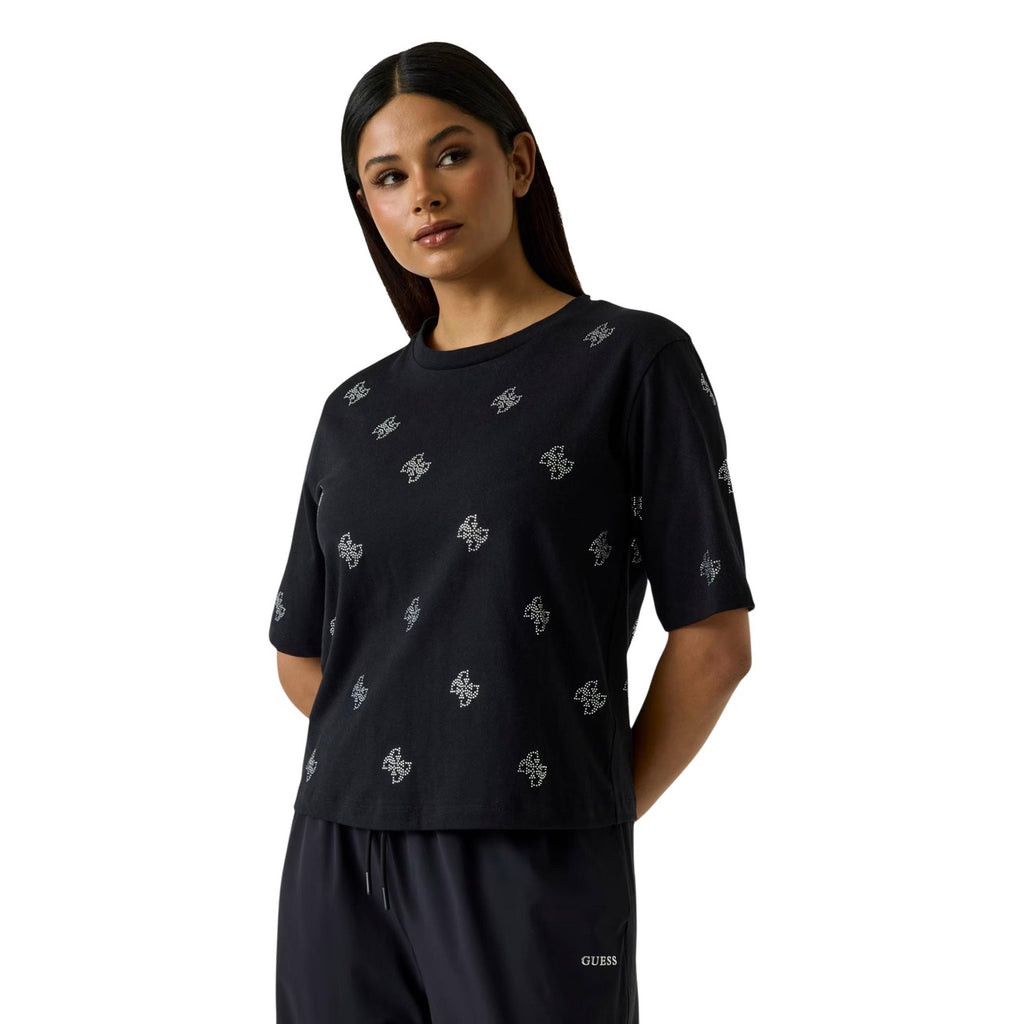 Guess T Shirt Donna Nero Cotone Manica Corta Scollo Tondo Con Strass
