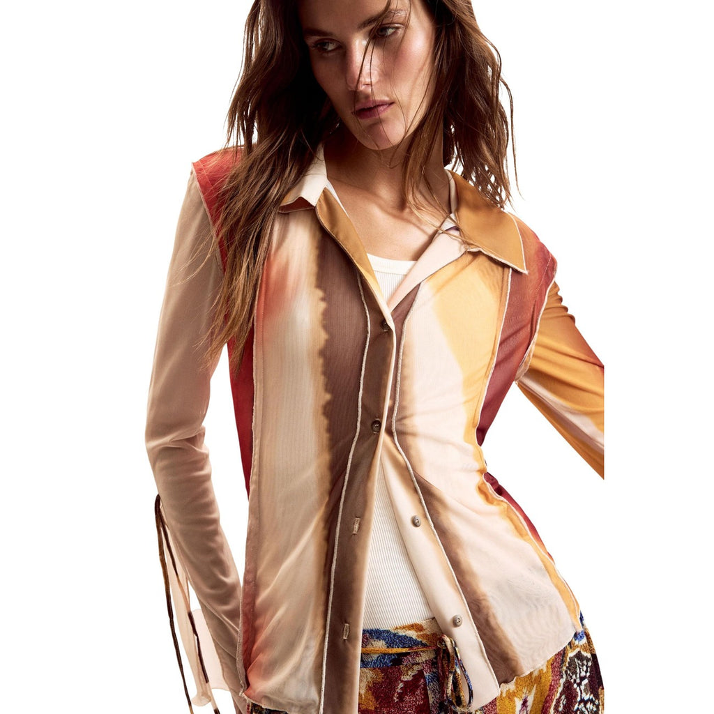 Desigual Camicia Donna Beige Fantasia Colorata Maniche Lunghe Primavera Estate