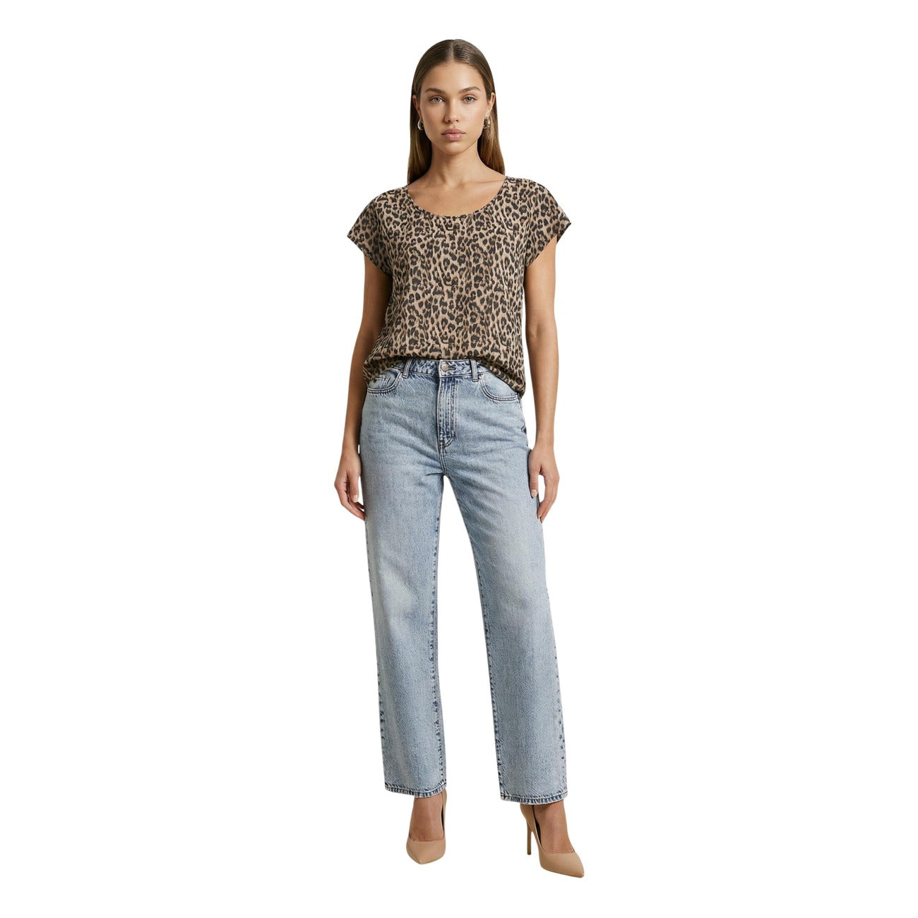 Only Blusa Donna Viscosa Marrone Maculata Maniche Corte Scollo Tondo
