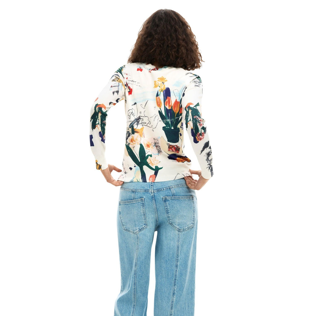 Desigual Maglia Donna Beige Stampa Maniche Lunghe Scollo Tondo Primavera Estate