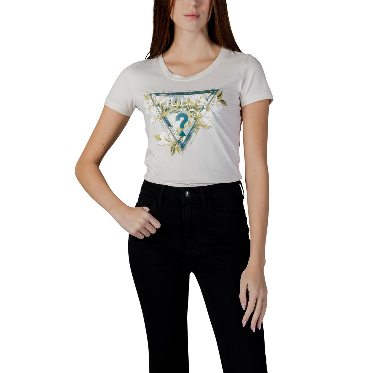 Guess T Shirt Donna Beige Stampa Triangle Strass Cotone 95 Primavera Estate
