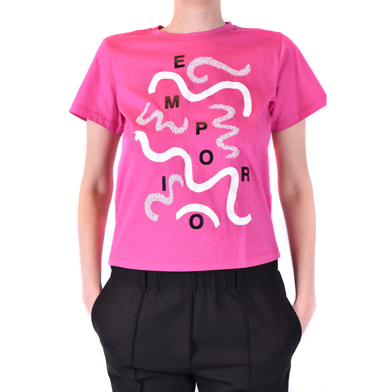 Emporio Armani T Shirt Donna Rosa Stampa Cotone Scollo Quadrato