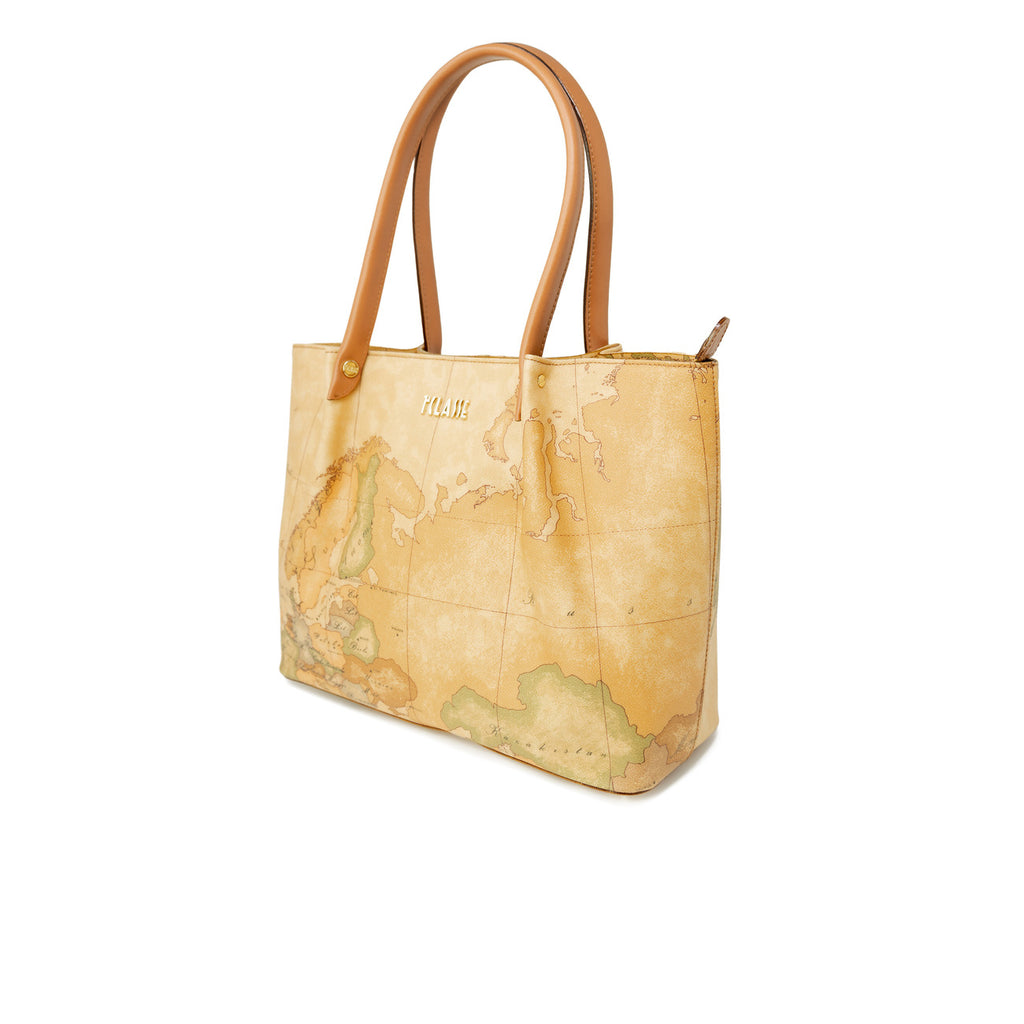 Alviero Martini Prima Classe Borsa Donna Beige Stampa Con Chiusura Zip Rivestimento Pelle 45x40x5 cm