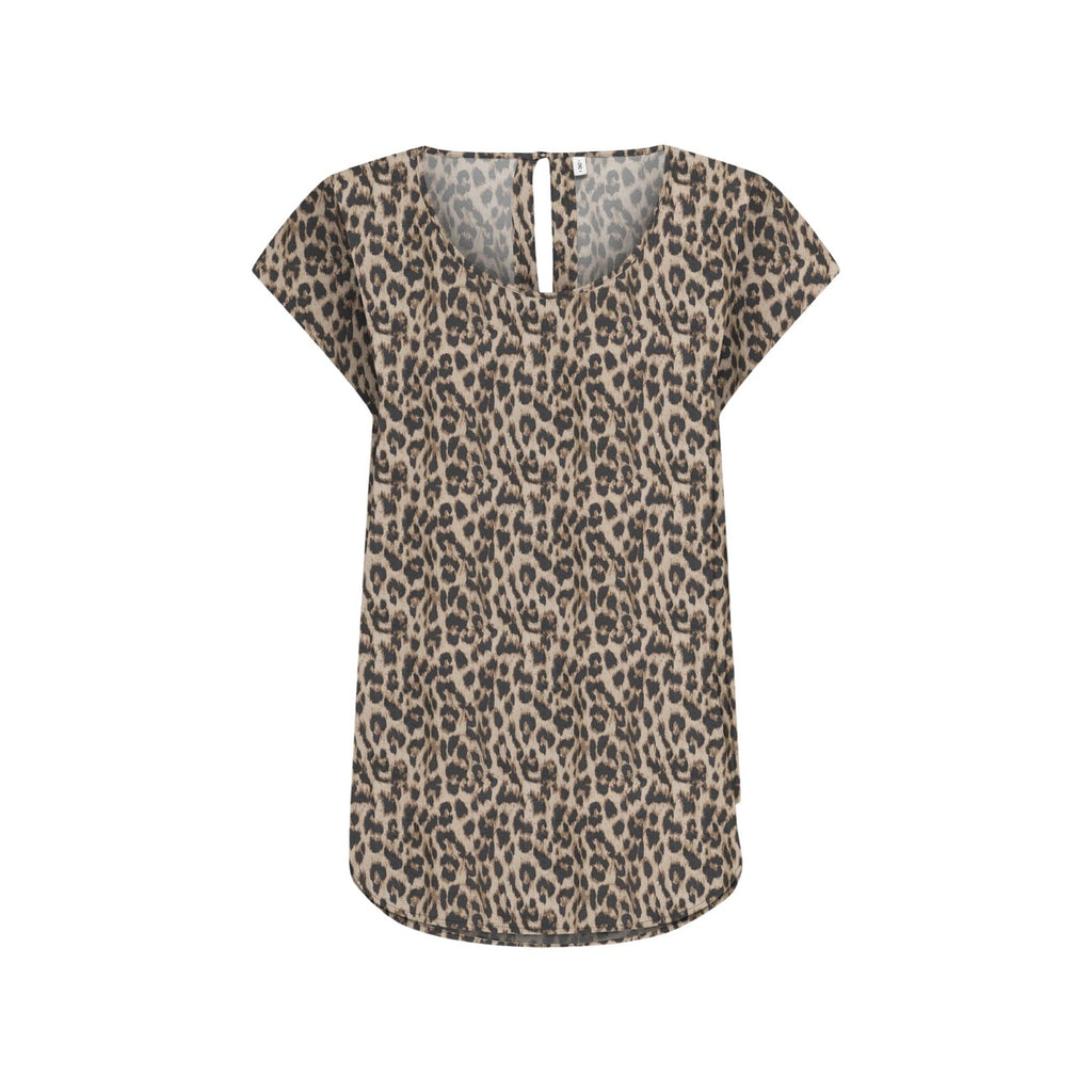Only Blusa Donna Viscosa Marrone Maculata Maniche Corte Scollo Tondo