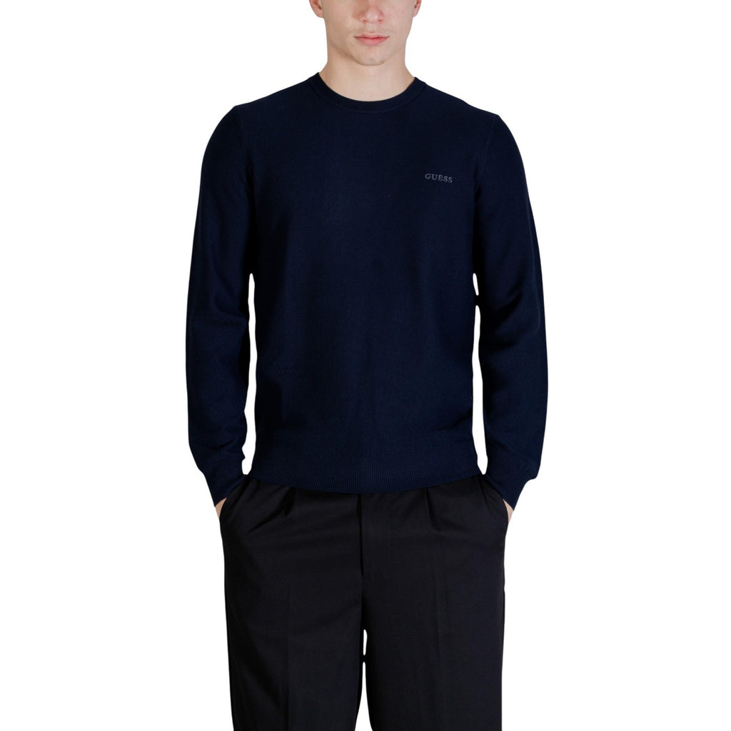 Guess Maglia Uomo Blu Maniche Lunghe Scollo Tondo Lyocell Piquet