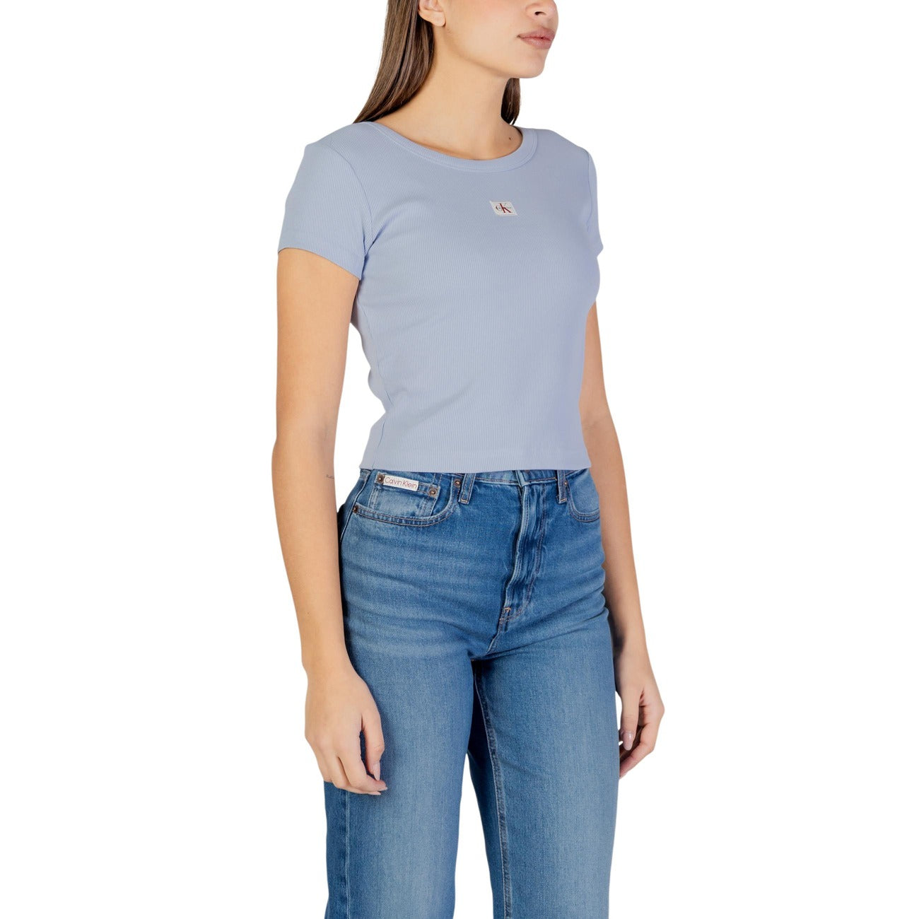 Calvin Klein Jeans T Shirt Donna Blu Maniche Corte Scollo Tondo Cotone Elastan