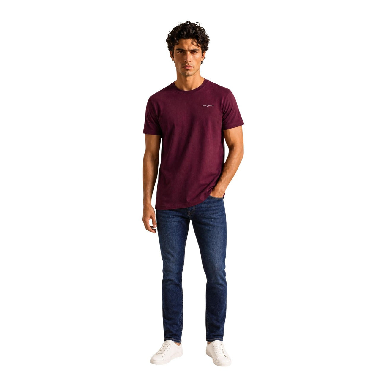 Tommy Hilfiger Jeans T Shirt Uomo Slim Bordeaux Cotone Organico
