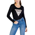 Guess T Shirt Donna Nero Stampa Logo Triangolo Maniche Lunghe