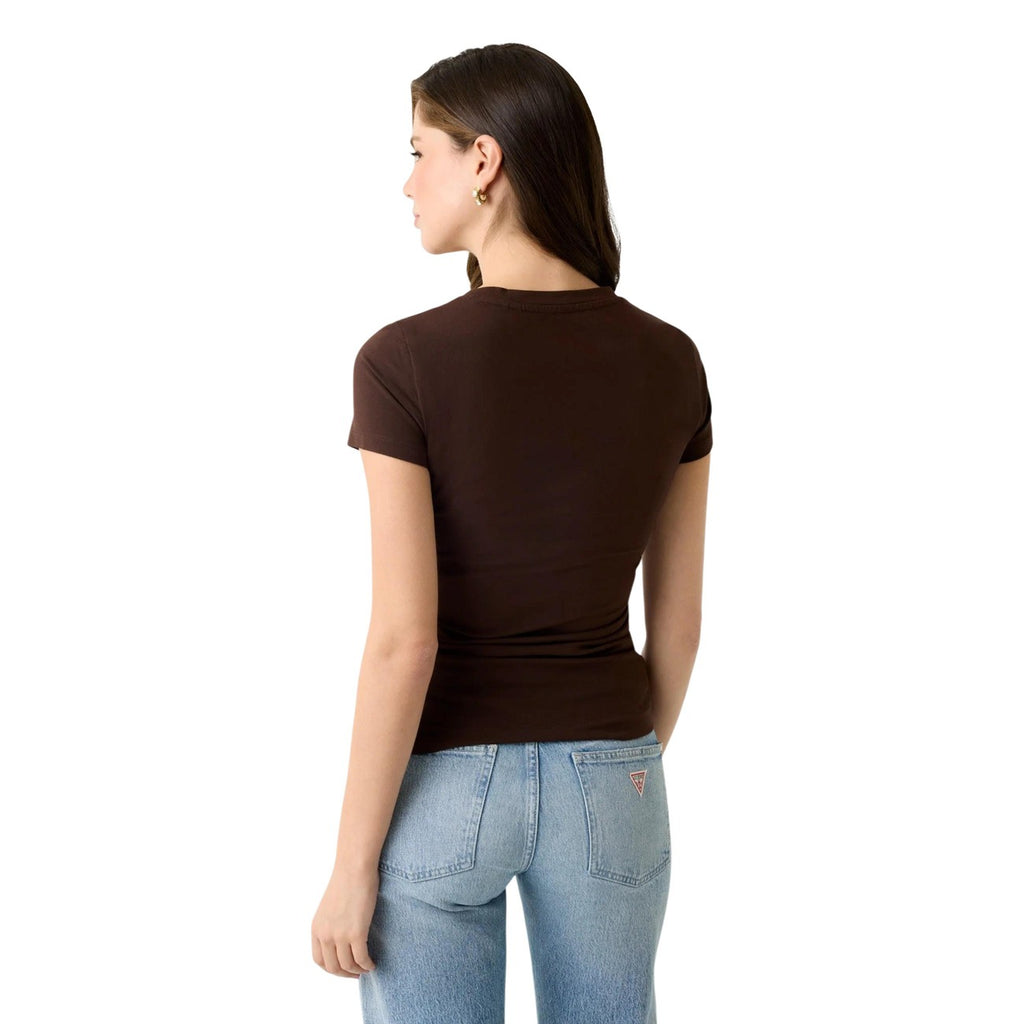 Guess T Shirt Donna Marrone Con Stampa E Strass Scollo Tondo Cotone 95