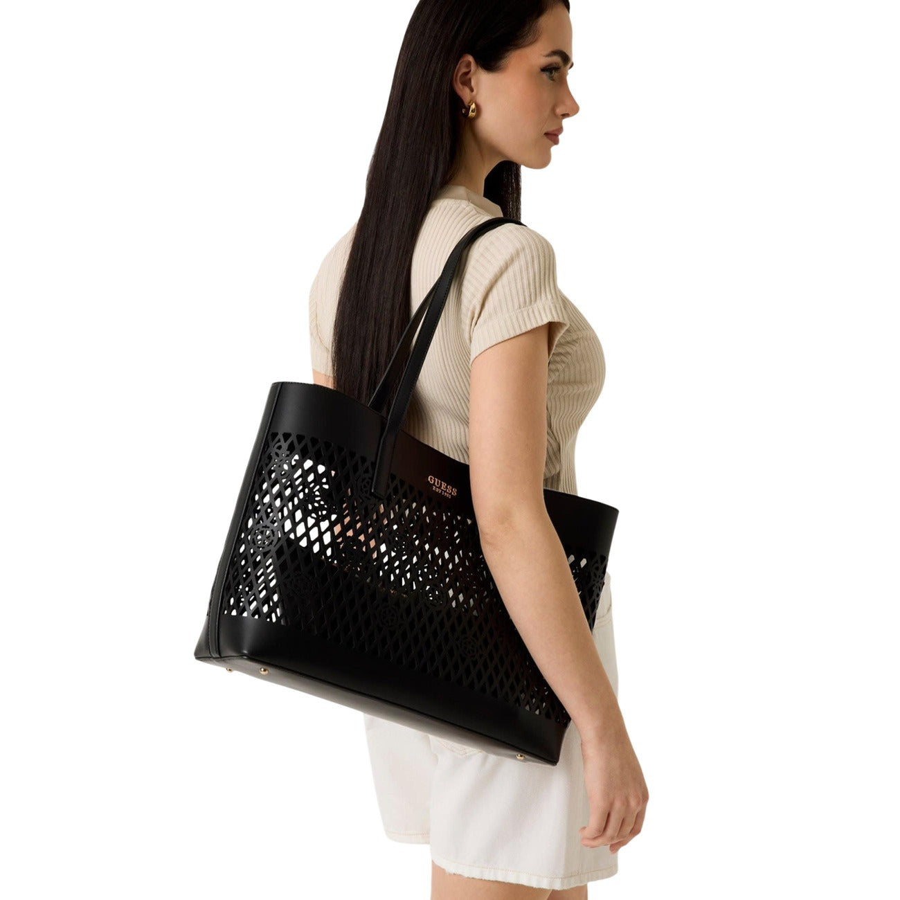 Guess Borsa Donna Nero 38x30x14 In Poliuretano Con Pochette Interna