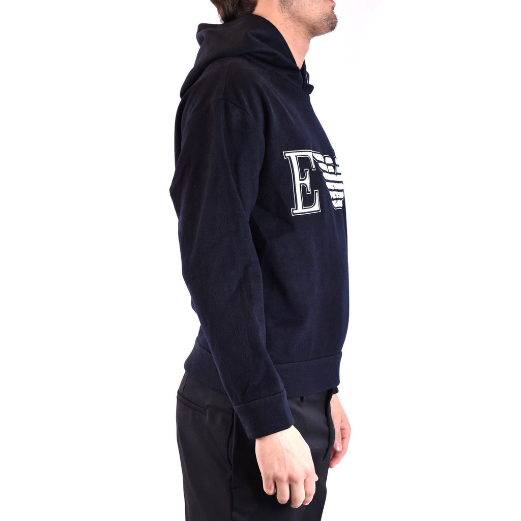 Emporio Armani Felpa Uomo Blu Con Cappuccio Stampa Misto Cashmere Lana
