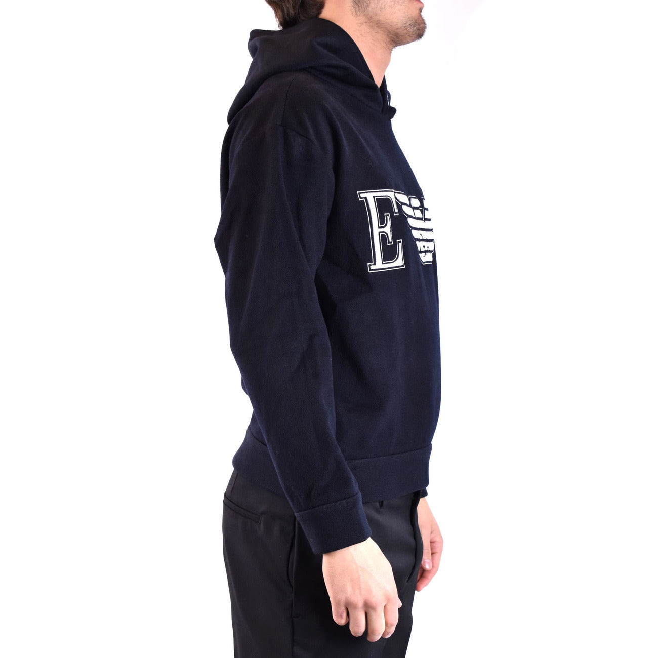 Emporio Armani Felpa Uomo Blu Con Cappuccio Stampa Misto Cashmere Lana