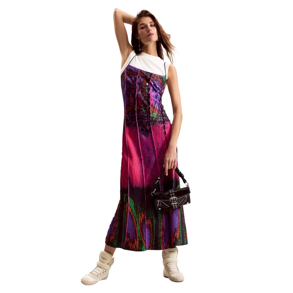 Desigual Abito Donna Fuxia Stampa Viscosa Spalline Primavera Estate