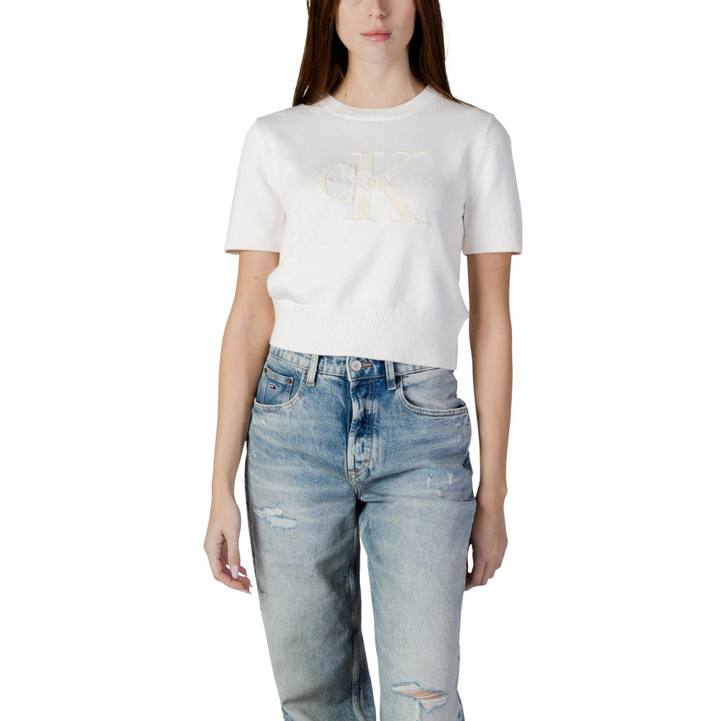 Calvin Klein Jeans Maglia Donna Cotone 100 Beige Maniche Corte Scollo Tondo