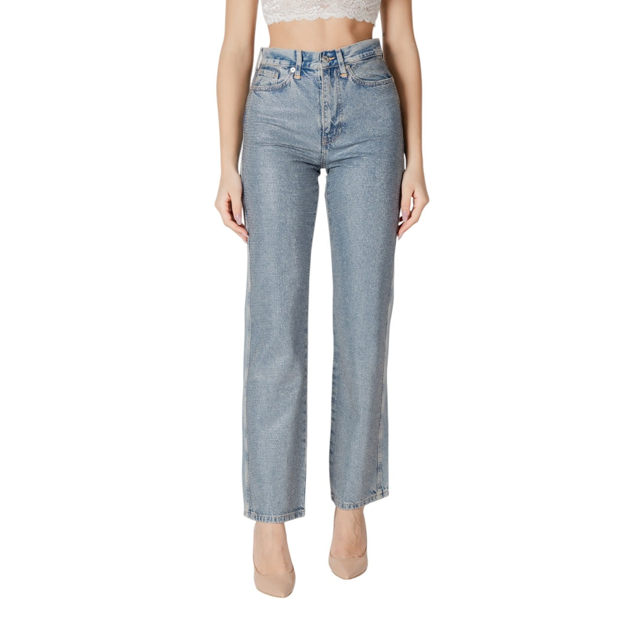 Only Jeans Donna Azzurri Con Strass Vita Alta Zip E Bottone Primavera