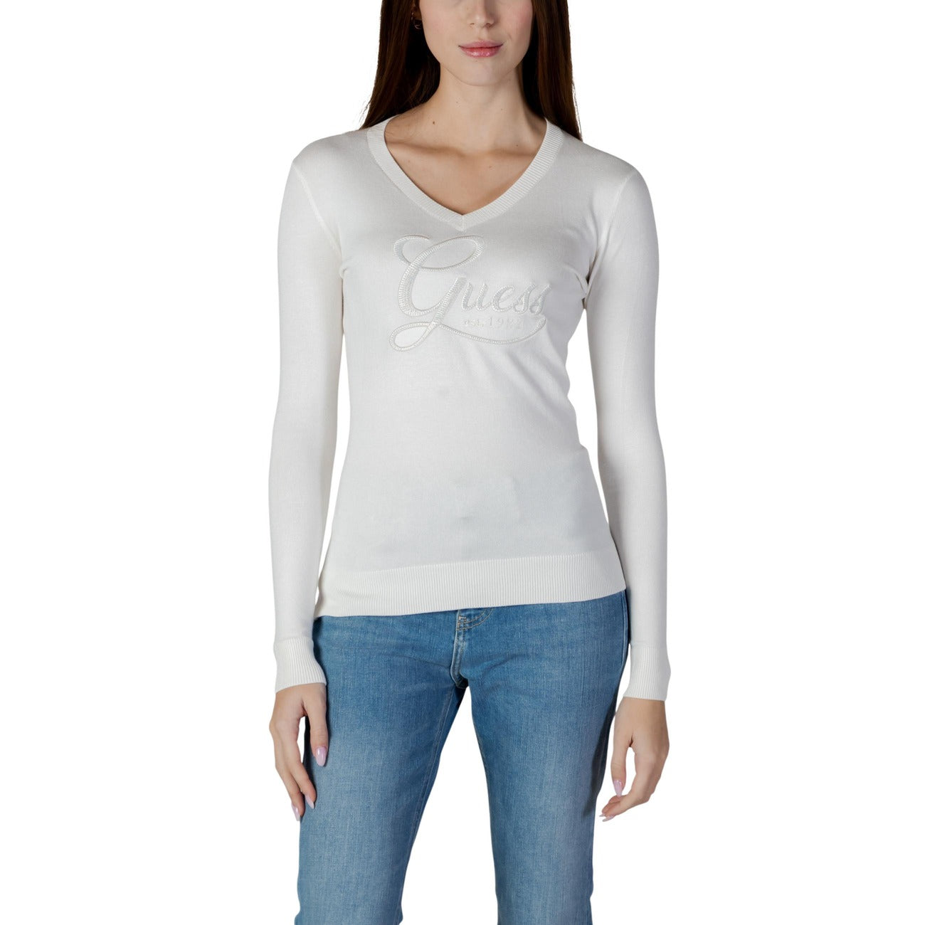 Guess Maglia Donna Beige Maniche Lunghe Scollo A V Con Strass